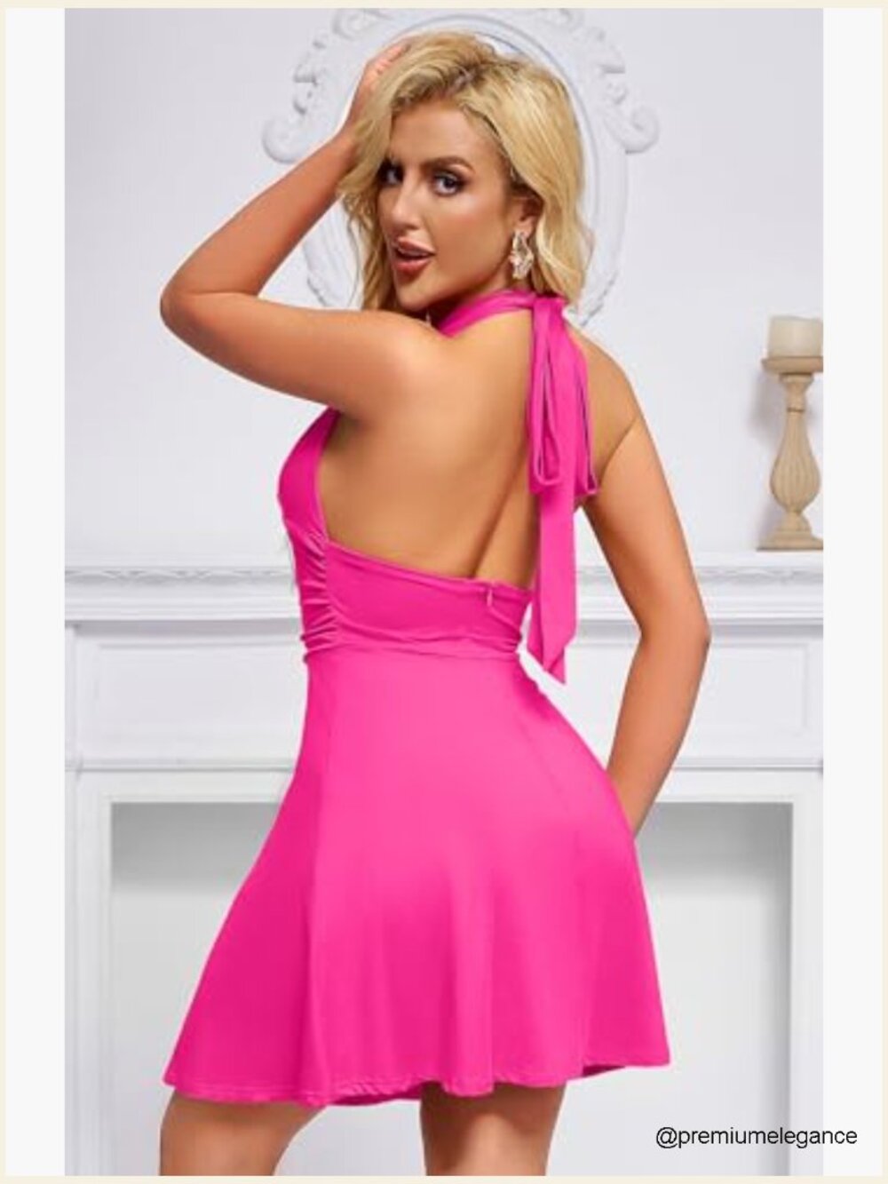 Mini Halter Backless Dress High Waist Deep V Neck Summer Sundress - Picture 2 of 6